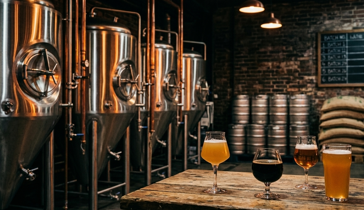 Craft pivovara — fermentacijski tankovi i craft pivo u čašama