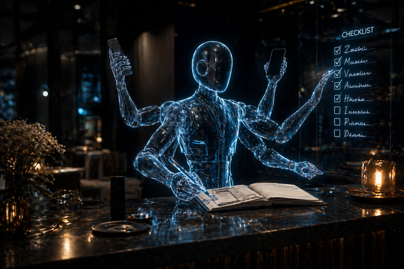 Digitalni AI asistent u restoranu — hologramska figura multitasking rezervacije i narudžbe